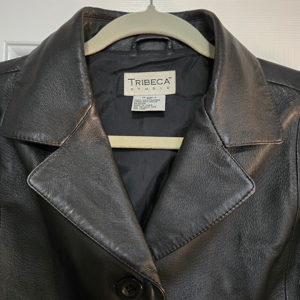 Tribeca Studio Womens Black Leather Blazer Jacket Size PM
